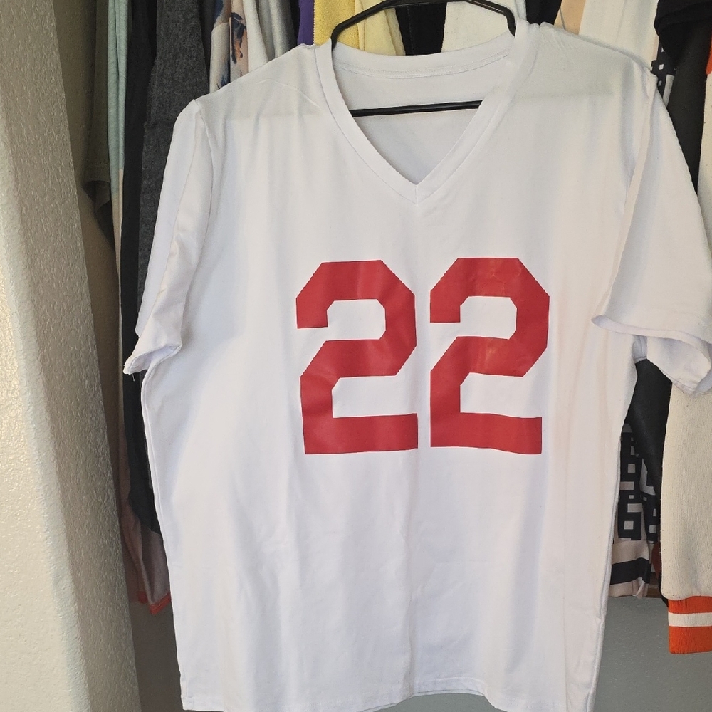 Classic White V-Neck Tee with Red Print